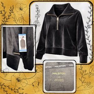 Halston Velour Quarter Zip Pullover Large | Black Velvet Lounge Sweater NWT